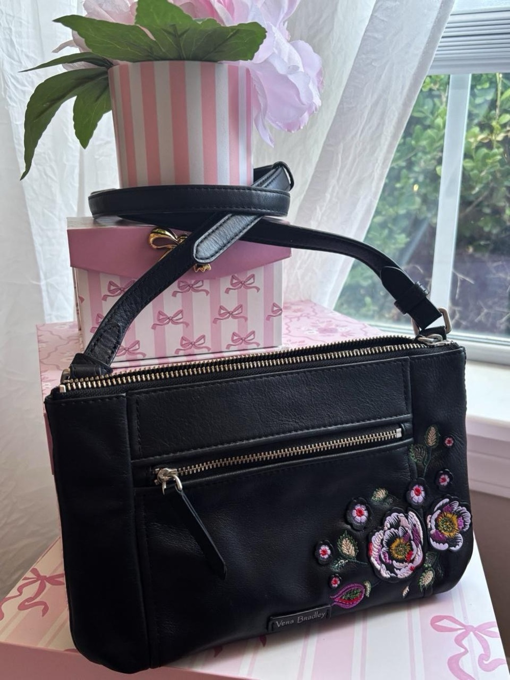 Vera Bradley Black Cross Body Bag with Floral Embroidery